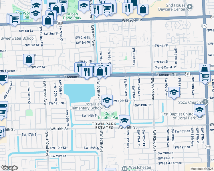 map of restaurants, bars, coffee shops, grocery stores, and more near 9520 Southwest 8th Street in Miami