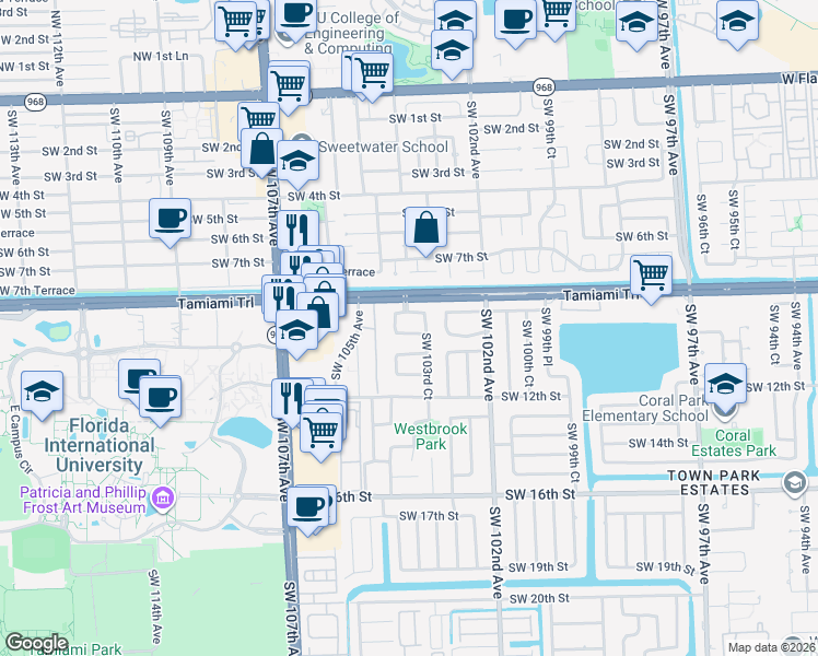 map of restaurants, bars, coffee shops, grocery stores, and more near 10377 Southwest 8th Street in Miami