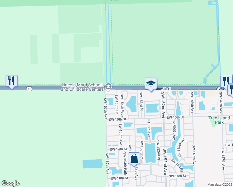 map of restaurants, bars, coffee shops, grocery stores, and more near 15600 Southwest 8th Street in Miami