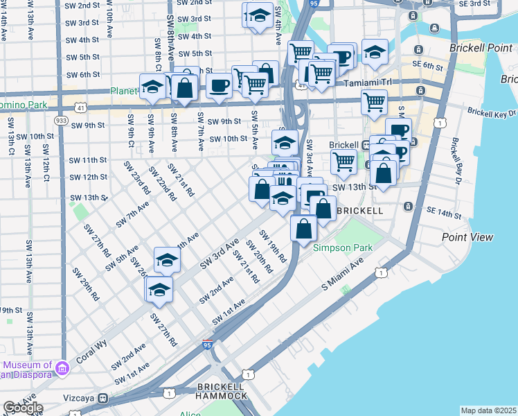 map of restaurants, bars, coffee shops, grocery stores, and more near 316 Southwest 18th Terrace in Miami