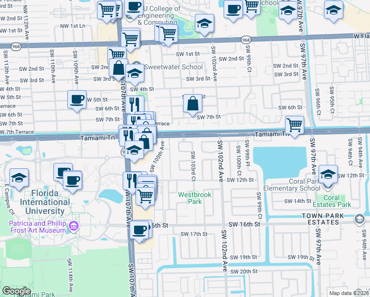 map of restaurants, bars, coffee shops, grocery stores, and more near 10377 Southwest 8th Street in Miami