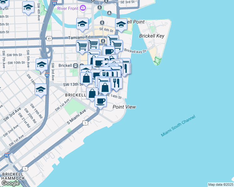 map of restaurants, bars, coffee shops, grocery stores, and more near 12 Brickell Bay Drive in Miami