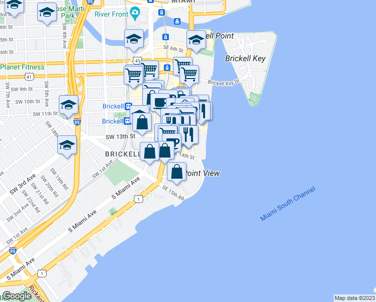 map of restaurants, bars, coffee shops, grocery stores, and more near 12 Brickell Bay Drive in Miami