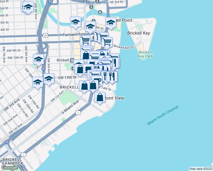map of restaurants, bars, coffee shops, grocery stores, and more near 12 Brickell Bay Drive in Miami