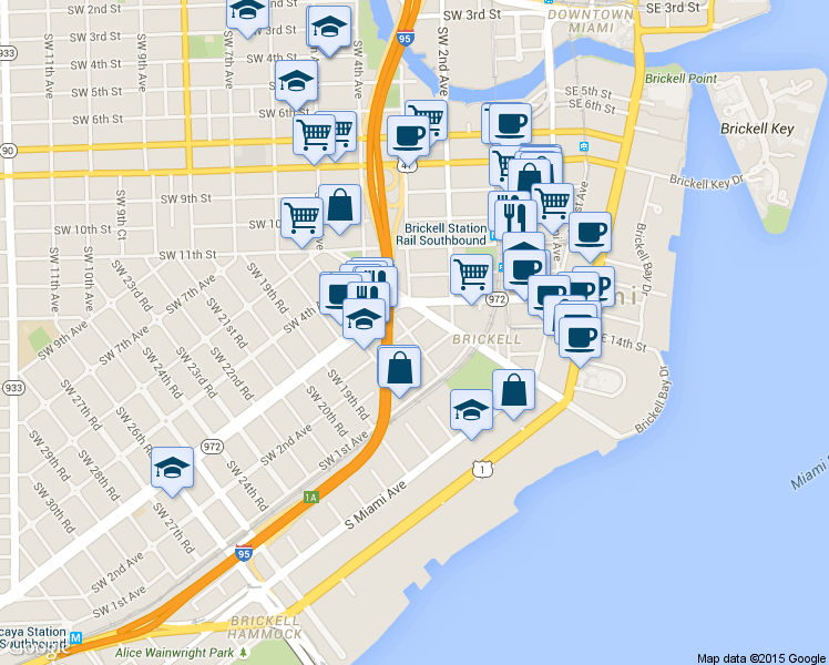 map of restaurants, bars, coffee shops, grocery stores, and more near 298 Southwest 15th Road in Miami