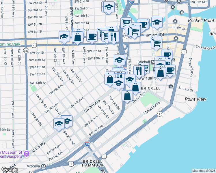 map of restaurants, bars, coffee shops, grocery stores, and more near 351 Southwest 18th Terrace in Miami