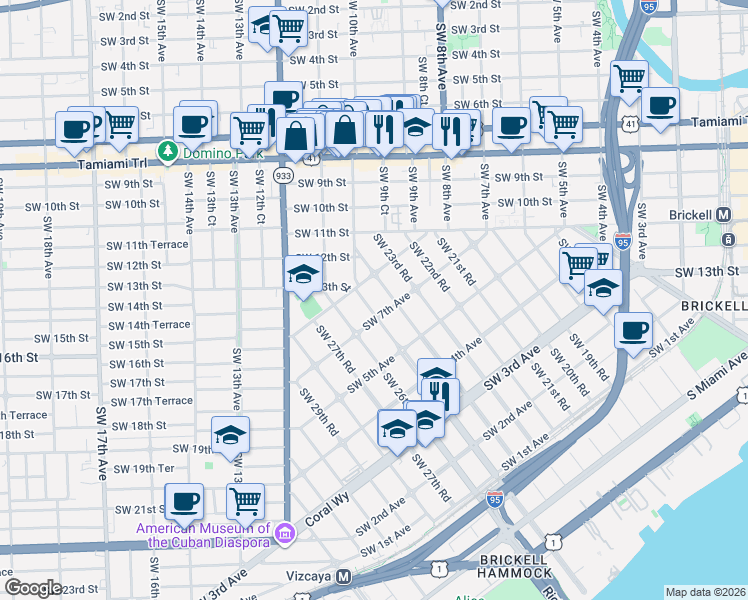 map of restaurants, bars, coffee shops, grocery stores, and more near 2450 Southwest 9th Avenue in Miami