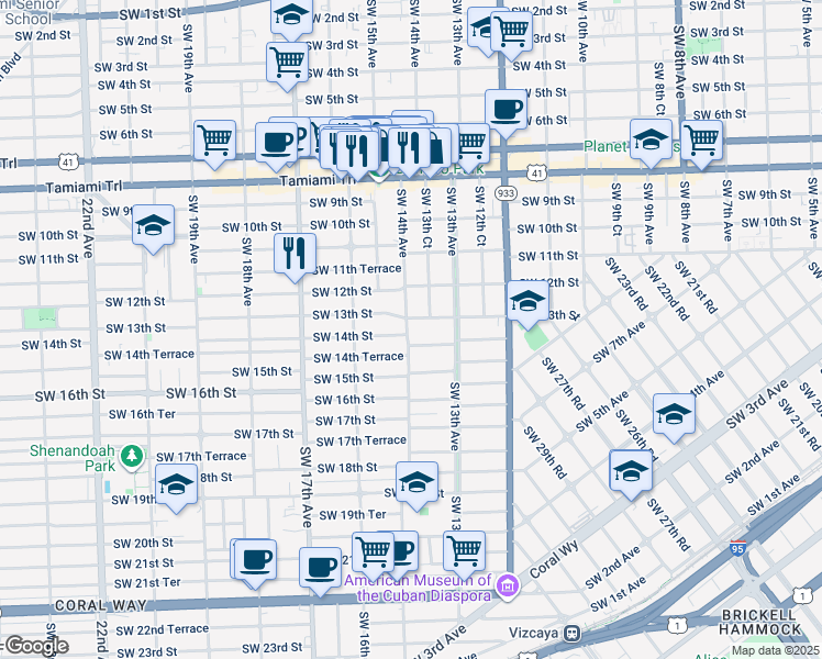 map of restaurants, bars, coffee shops, grocery stores, and more near 1401 Southwest 13th Street in Miami