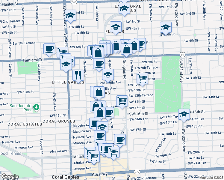 map of restaurants, bars, coffee shops, grocery stores, and more near 110 Phoenetia Avenue in Coral Gables