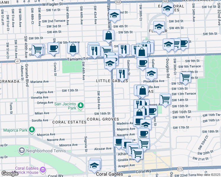 map of restaurants, bars, coffee shops, grocery stores, and more near in Little Gables