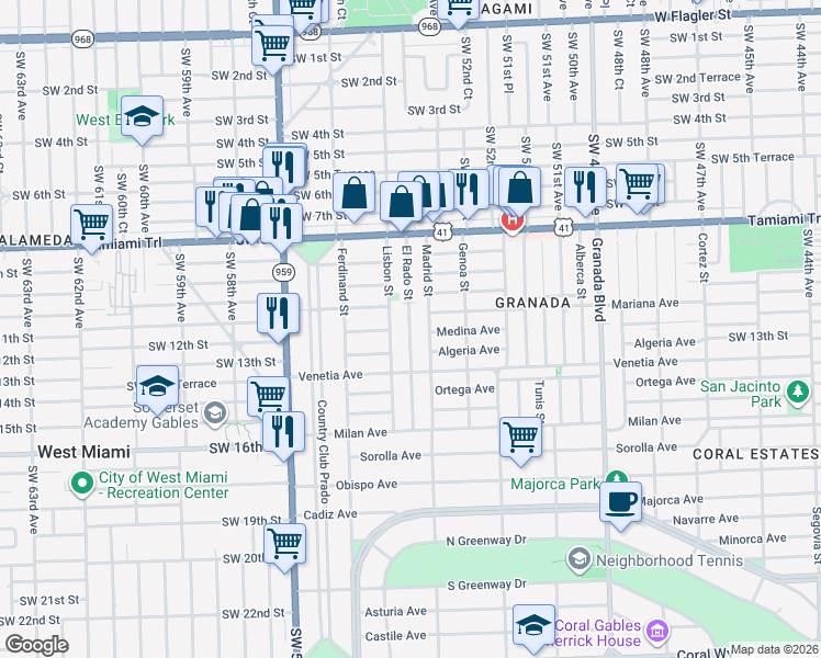 map of restaurants, bars, coffee shops, grocery stores, and more near 1100 El Rado Street in Coral Gables