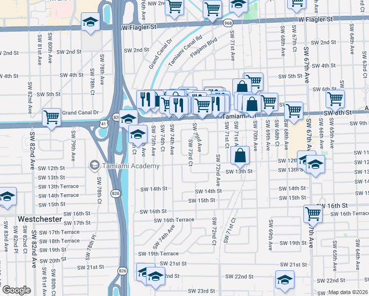 map of restaurants, bars, coffee shops, grocery stores, and more near 1000 Southwest 73rd Court in Miami
