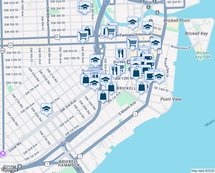 map of restaurants, bars, coffee shops, grocery stores, and more near 298 Southwest 15th Road in Miami