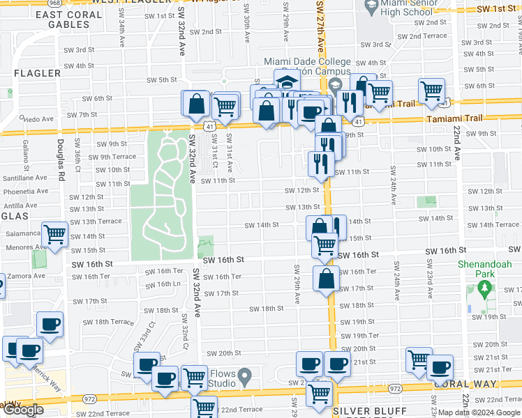 map of restaurants, bars, coffee shops, grocery stores, and more near 1298 SW 30th Ave in Miami