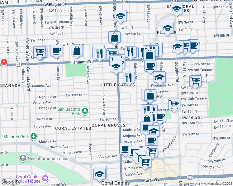 map of restaurants, bars, coffee shops, grocery stores, and more near in Little Gables