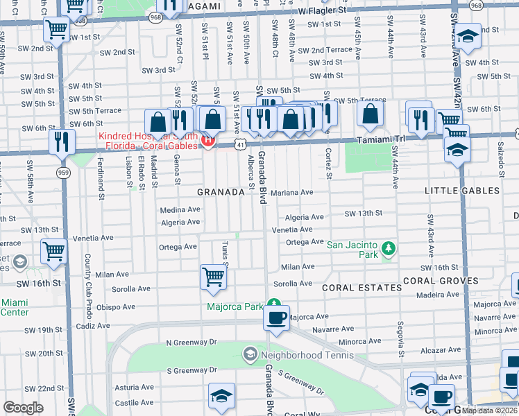 map of restaurants, bars, coffee shops, grocery stores, and more near 1100 Granada Boulevard in Coral Gables
