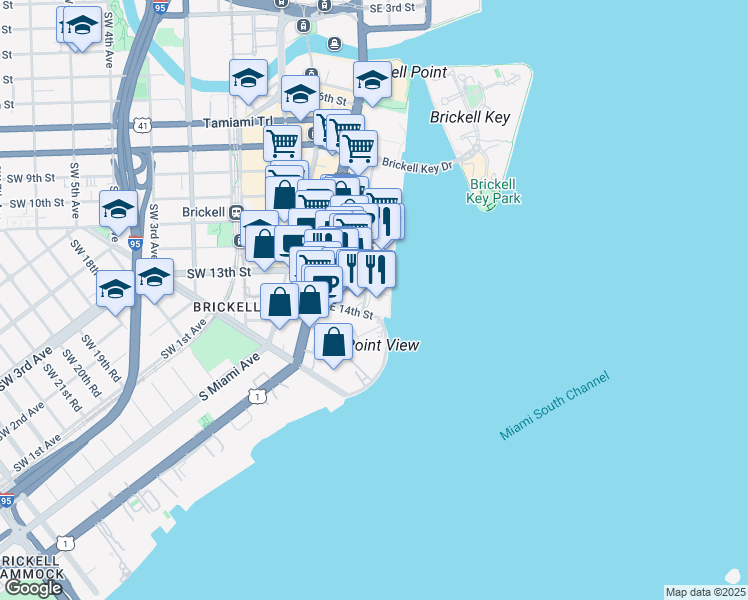 map of restaurants, bars, coffee shops, grocery stores, and more near 12 Brickell Bay Drive in Miami