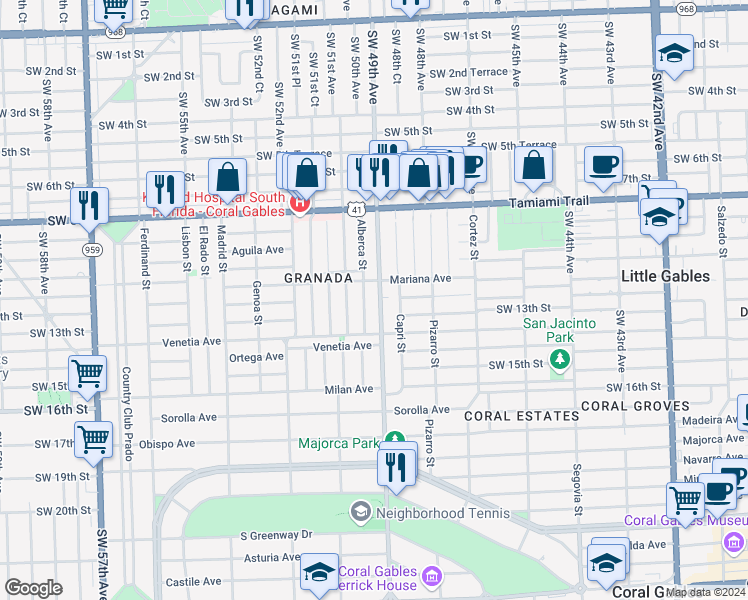 map of restaurants, bars, coffee shops, grocery stores, and more near 1202 Granada Boulevard in Coral Gables