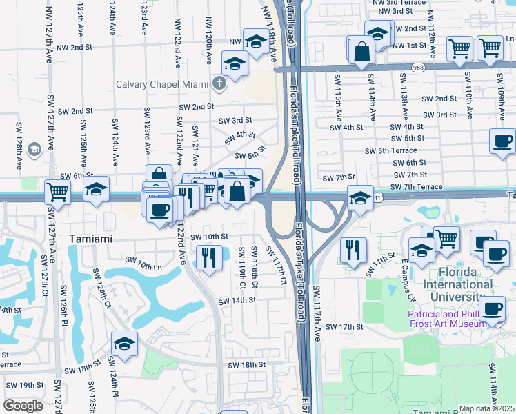 map of restaurants, bars, coffee shops, grocery stores, and more near 12295 Southwest 10th Terrace in Miami