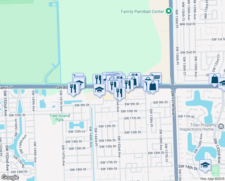 map of restaurants, bars, coffee shops, grocery stores, and more near 14264 Southwest 8th Street in Miami
