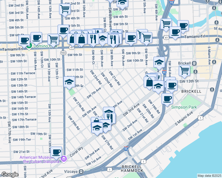 map of restaurants, bars, coffee shops, grocery stores, and more near 2205 Southwest 7th Avenue in Miami