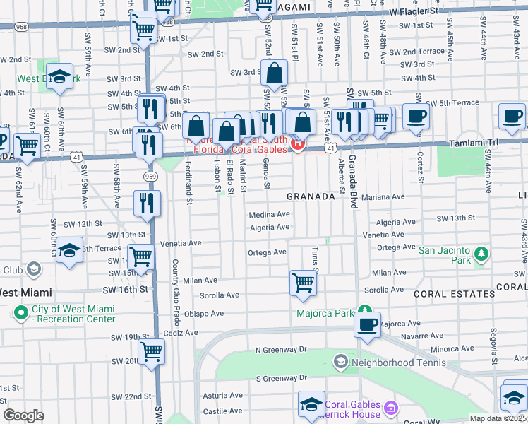 map of restaurants, bars, coffee shops, grocery stores, and more near 1252 Mariana Avenue in Coral Gables