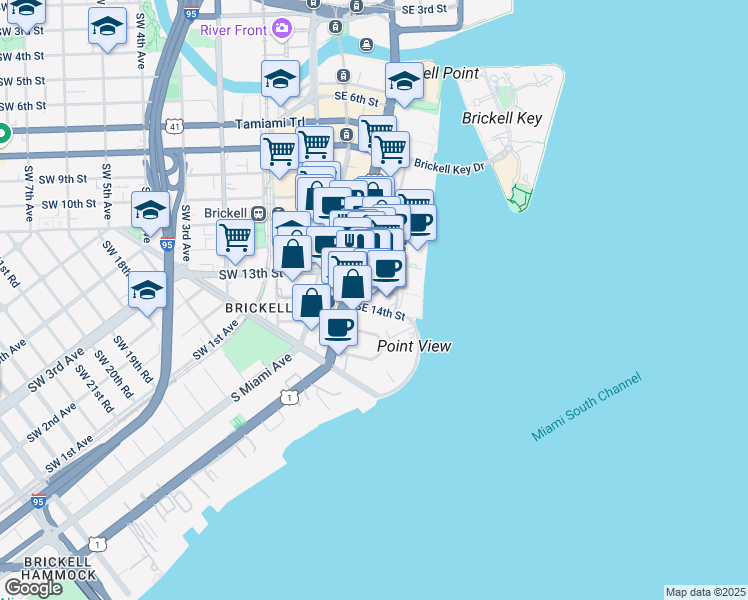 map of restaurants, bars, coffee shops, grocery stores, and more near 1395 Brickell Avenue in Miami