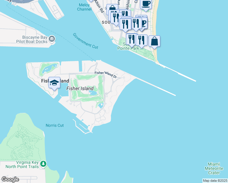 map of restaurants, bars, coffee shops, grocery stores, and more near 7600 Fisher Island Drive in Miami Beach