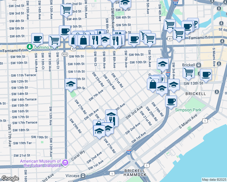 map of restaurants, bars, coffee shops, grocery stores, and more near 2205 Southwest 7th Avenue in Miami