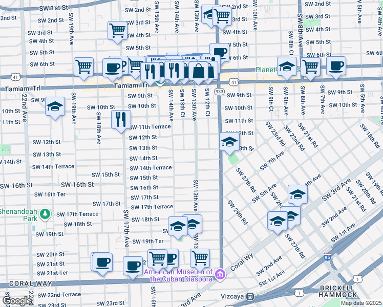 map of restaurants, bars, coffee shops, grocery stores, and more near 1313 Southwest 13th Street in Miami
