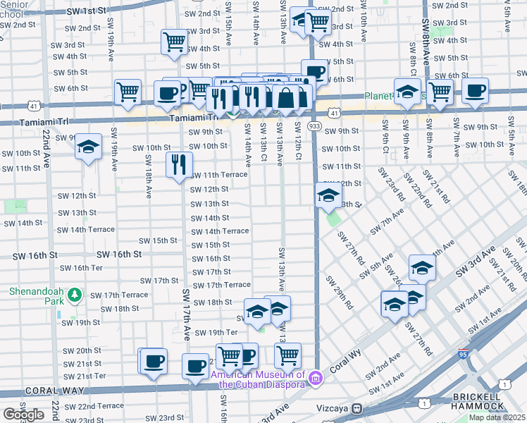 map of restaurants, bars, coffee shops, grocery stores, and more near 1313 Southwest 13th Street in Miami