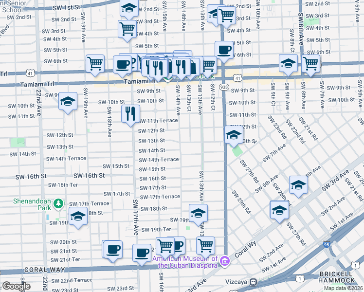 map of restaurants, bars, coffee shops, grocery stores, and more near 1401 Southwest 13th Street in Miami