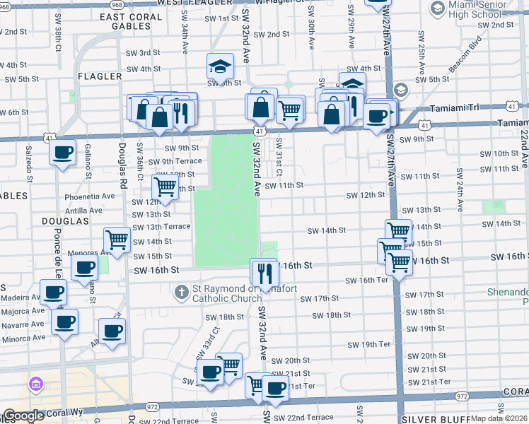 map of restaurants, bars, coffee shops, grocery stores, and more near 1215 Southwest 32nd Avenue in Miami