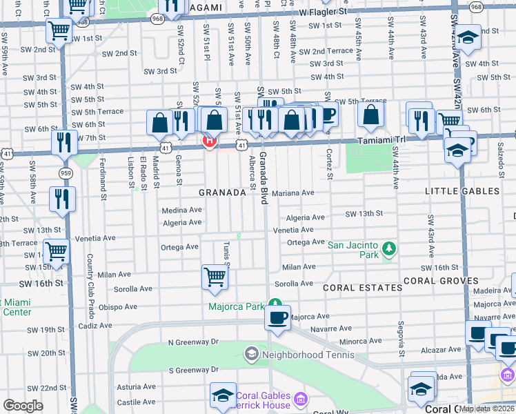 map of restaurants, bars, coffee shops, grocery stores, and more near 1100 Granada Boulevard in Coral Gables