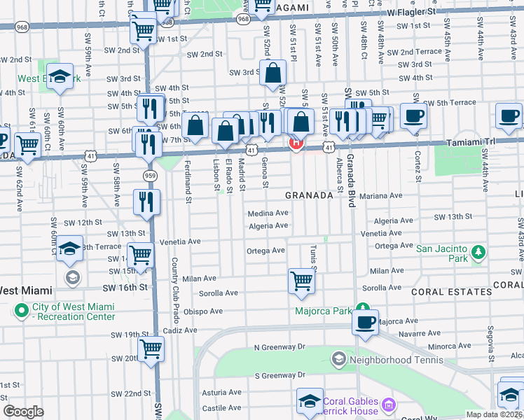 map of restaurants, bars, coffee shops, grocery stores, and more near 1252 Mariana Avenue in Coral Gables
