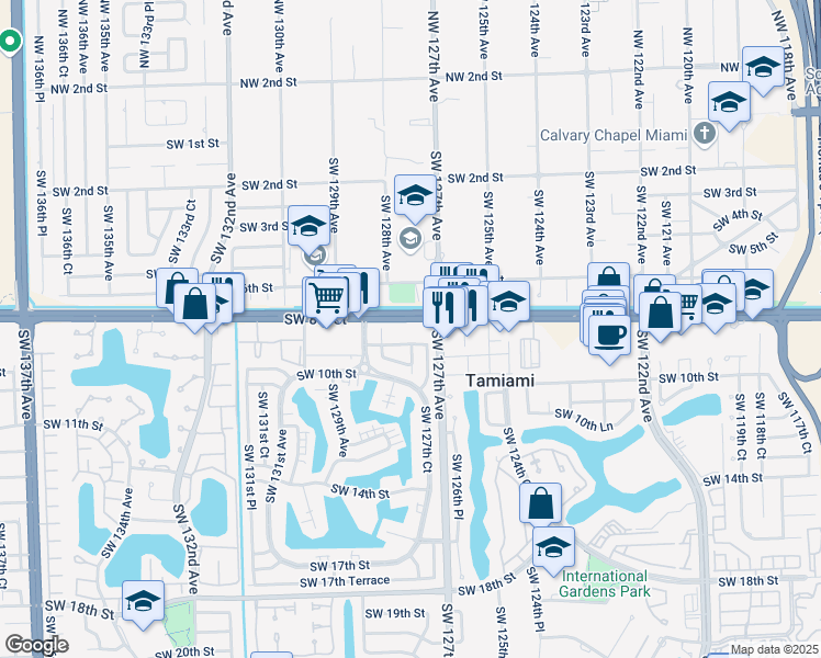 map of restaurants, bars, coffee shops, grocery stores, and more near 12726 Southwest 8th Street in Miami