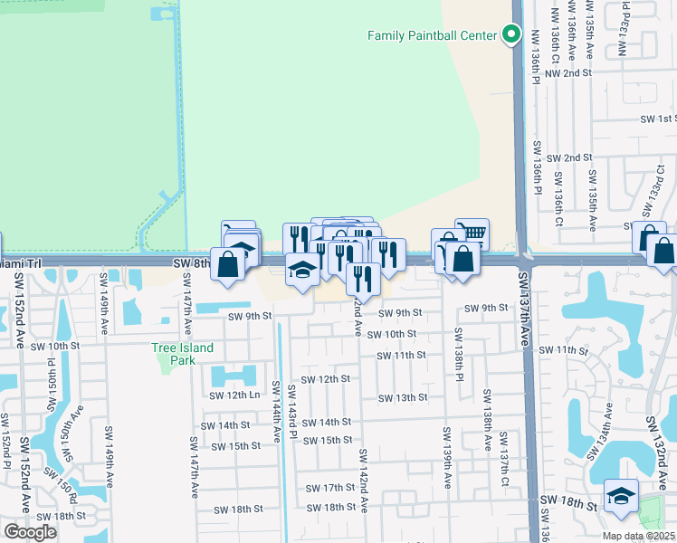 map of restaurants, bars, coffee shops, grocery stores, and more near 14264 Southwest 8th Street in Miami