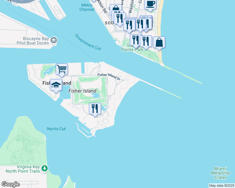 map of restaurants, bars, coffee shops, grocery stores, and more near 7600 Fisher Island Drive in Miami Beach