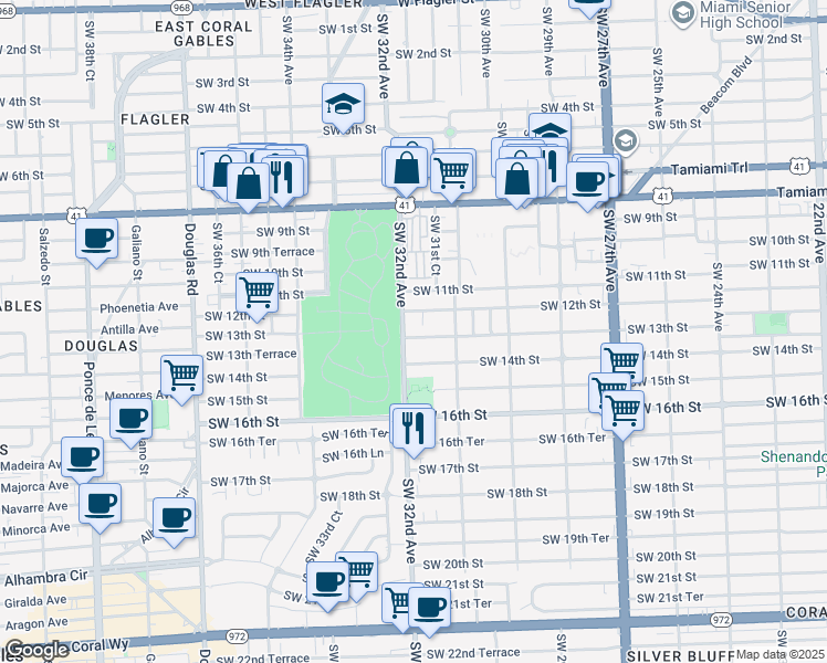 map of restaurants, bars, coffee shops, grocery stores, and more near 1215 Southwest 32nd Avenue in Miami