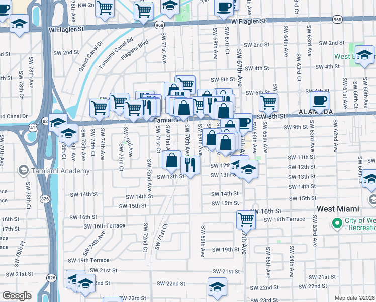 map of restaurants, bars, coffee shops, grocery stores, and more near 122 Southwest 70th Avenue in Miami