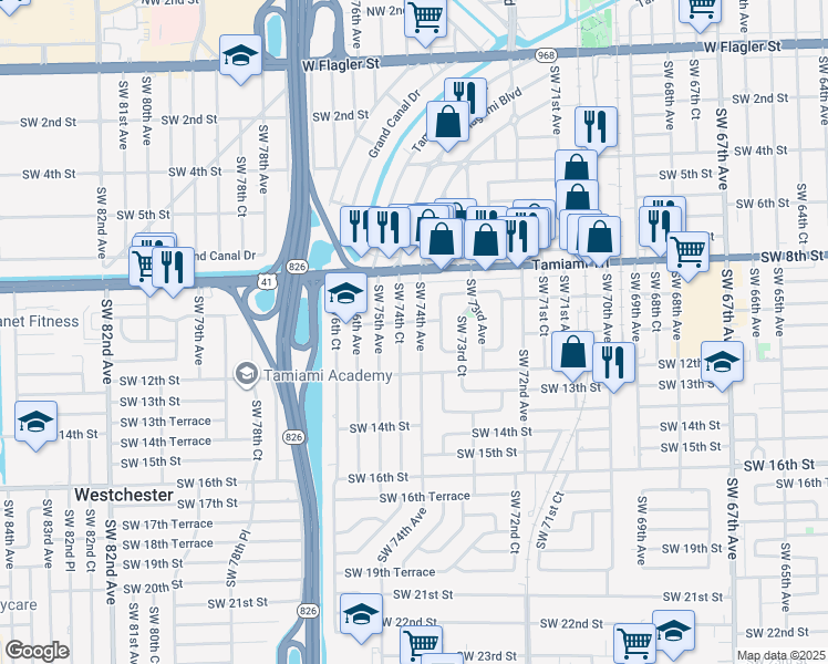 map of restaurants, bars, coffee shops, grocery stores, and more near 940 Southwest 74th Avenue in Miami