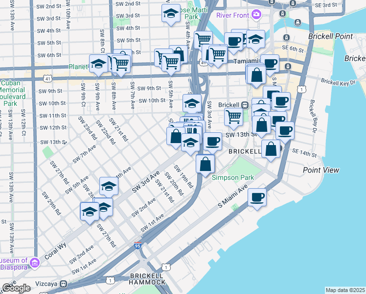 map of restaurants, bars, coffee shops, grocery stores, and more near 351 Southwest 18th Terrace in Miami