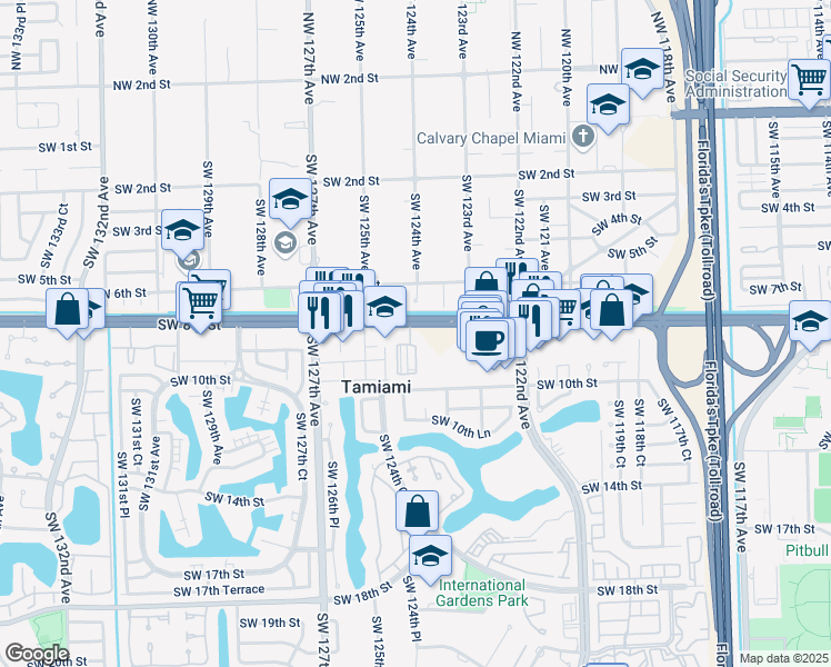 map of restaurants, bars, coffee shops, grocery stores, and more near 12400 Southwest 8th Street in Miami