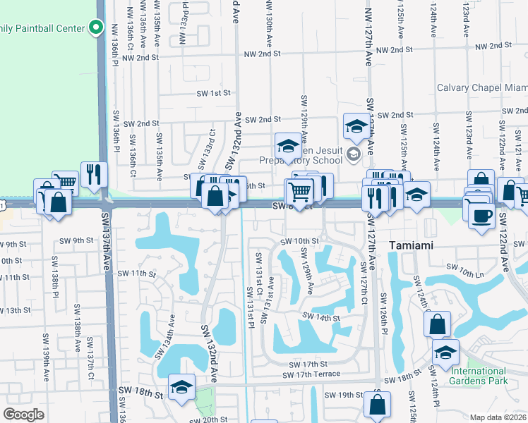 map of restaurants, bars, coffee shops, grocery stores, and more near 850 Southwest 129th Place in Miami