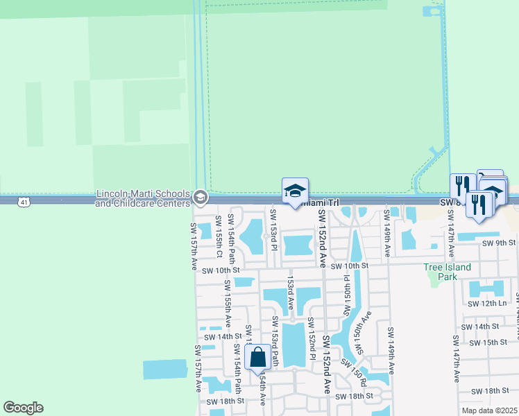 map of restaurants, bars, coffee shops, grocery stores, and more near 15381 Southwest 8th Lane in Miami