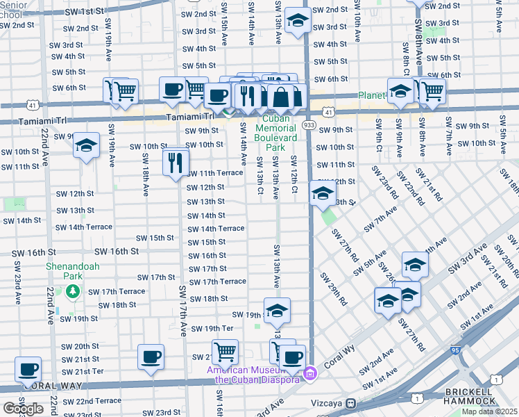 map of restaurants, bars, coffee shops, grocery stores, and more near 1313 Southwest 13th Street in Miami