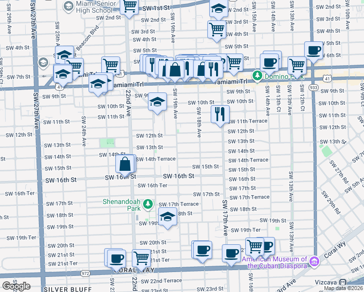 map of restaurants, bars, coffee shops, grocery stores, and more near 1885 Southwest 13th Street in Miami