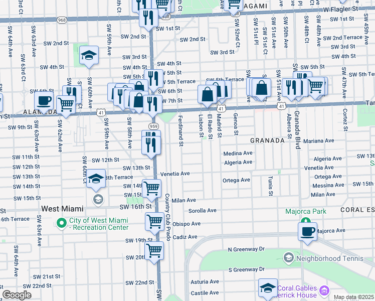 map of restaurants, bars, coffee shops, grocery stores, and more near 1433 Medina Avenue in Coral Gables