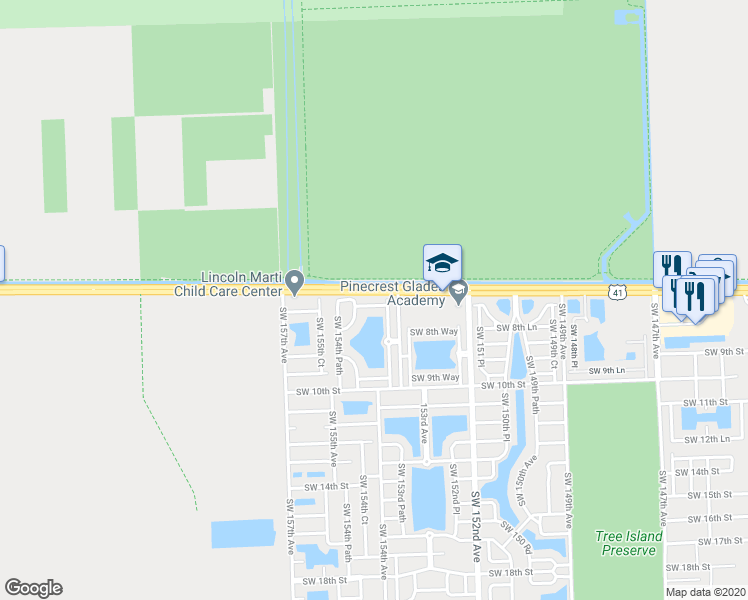 map of restaurants, bars, coffee shops, grocery stores, and more near 15381 Southwest 8th Lane in Miami
