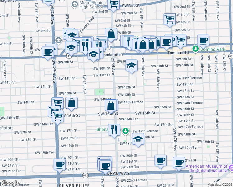 map of restaurants, bars, coffee shops, grocery stores, and more near 1203 Southwest 22nd Avenue in Miami